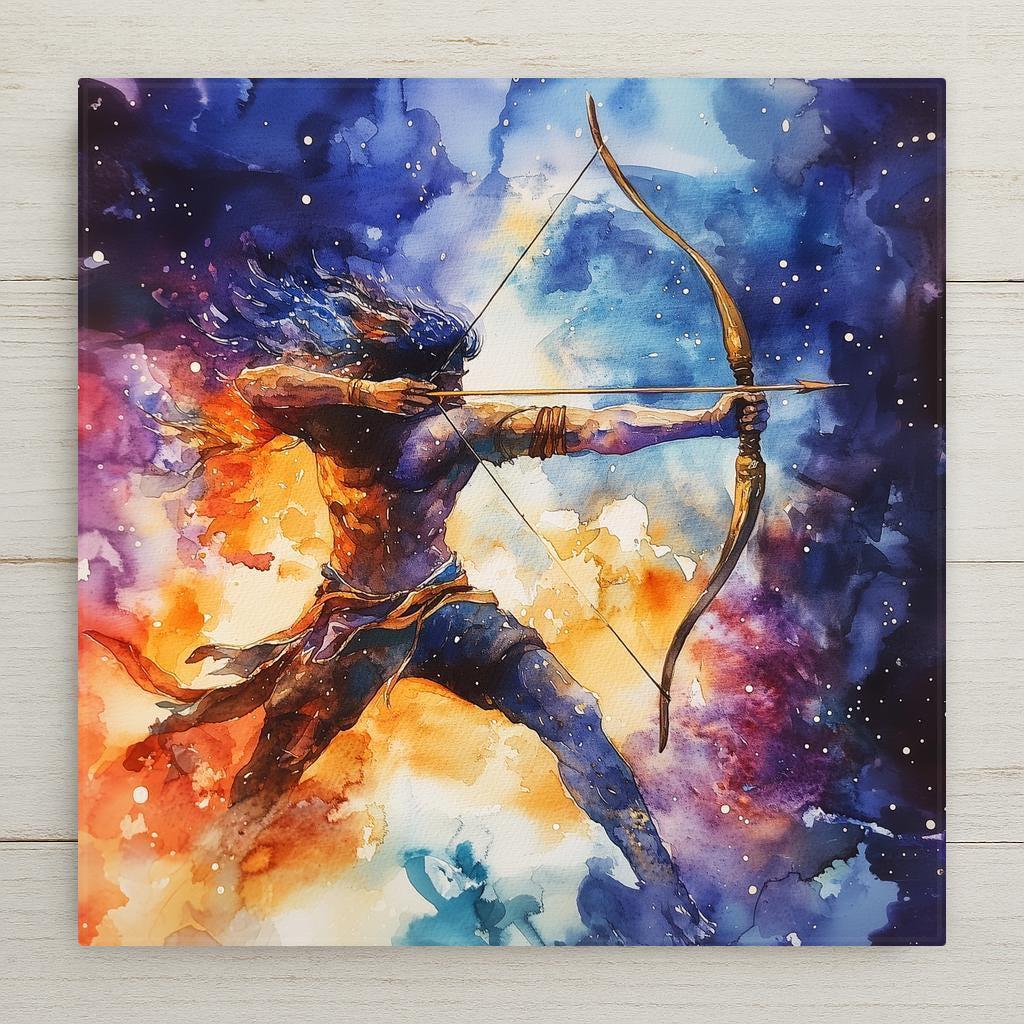 Stained glass style Sagittarius zodiac ceramic tile with a golden archer drawing a bow toward the stars against a deep cobalt and teal celestial sky, warm amber fire energy and constellation details, a vivid Sagittarius birthday gift and astrology home decor tile.