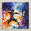 Stained glass style Sagittarius zodiac ceramic tile with a golden archer drawing a bow toward the stars against a deep cobalt and teal celestial sky, warm amber fire energy and constellation details, a vivid Sagittarius birthday gift and astrology home decor tile.