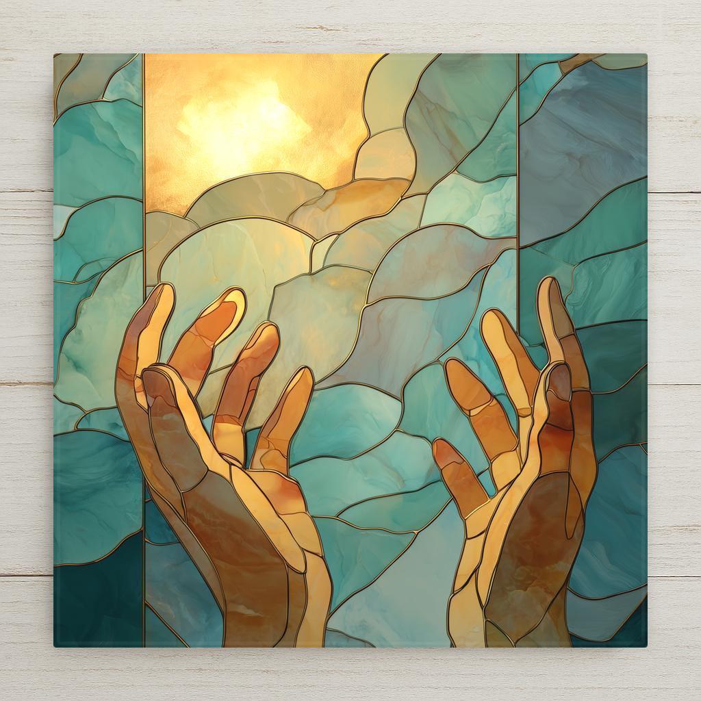 Symbolic open hands ceramic tile wall art representing hope, faith, and receiving light. Stained glass–style abstract design in teal and gold tones, ideal for spiritual wall decor, meditation spaces, and meaningful home accents. This artwork is a permanent print on ceramic tile, not real stained glass or mosaic. Optional tile wall hanger, easel tile stand, cork backing, and premium frame option available.
