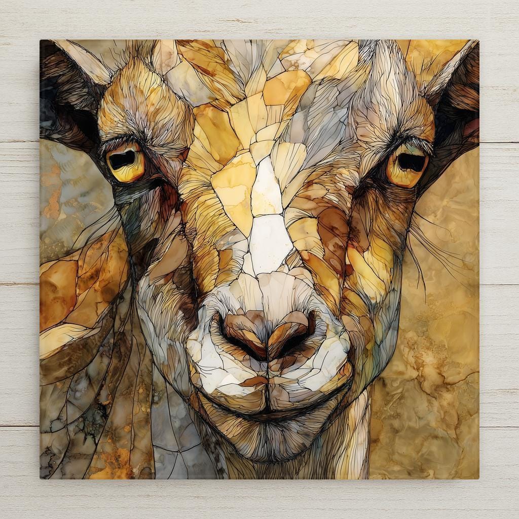 Close-up goat ceramic tile wall art in a stained glass style, featuring warm amber and cream tones with detailed linework and a rustic farmhouse aesthetic. A charming farm goat artwork for country home decor.