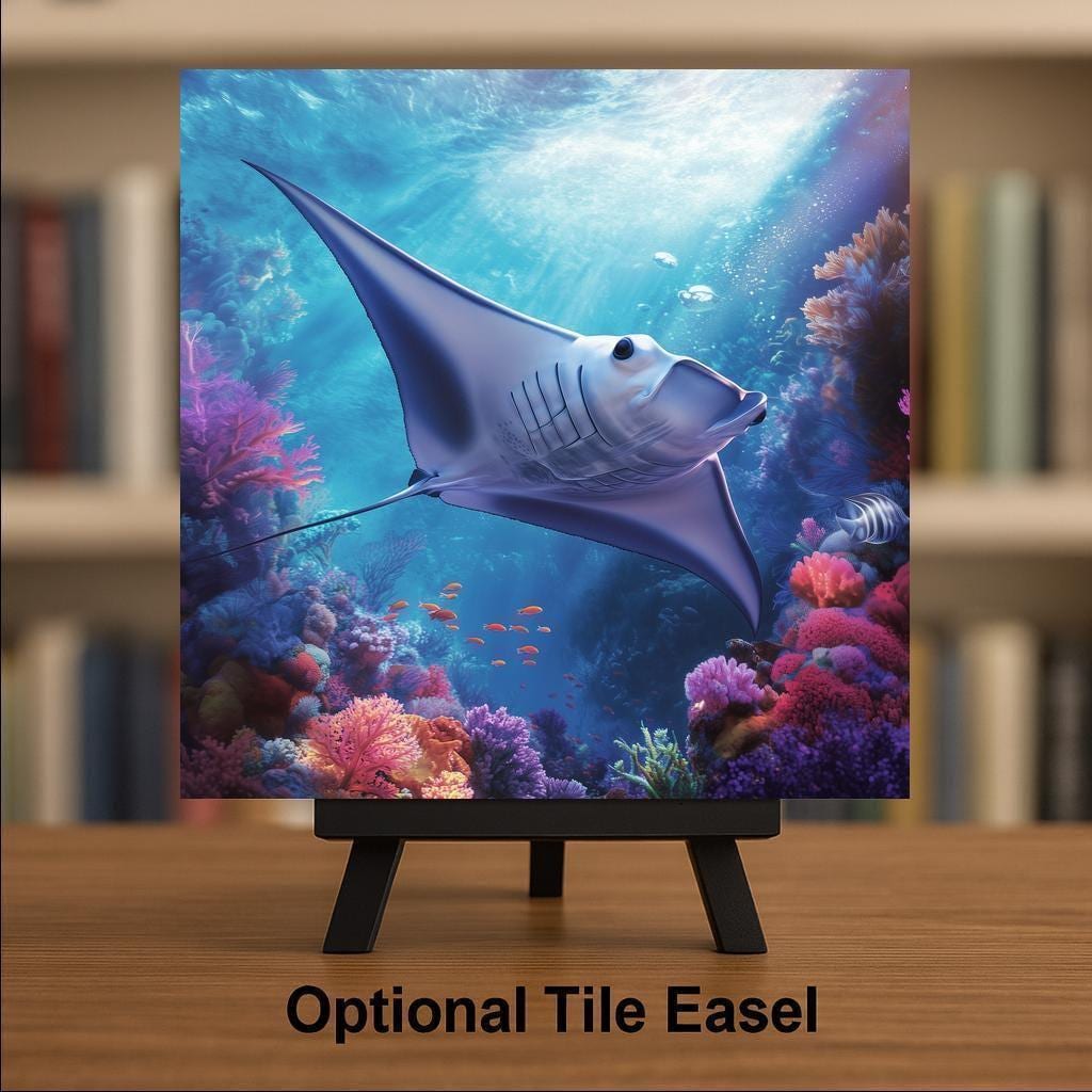 Manta Ray Wall Art Ceramic Tile Ocean Gift Coral Reef Decor Marine Nature Art Ray Lover Coastal Gift Tile