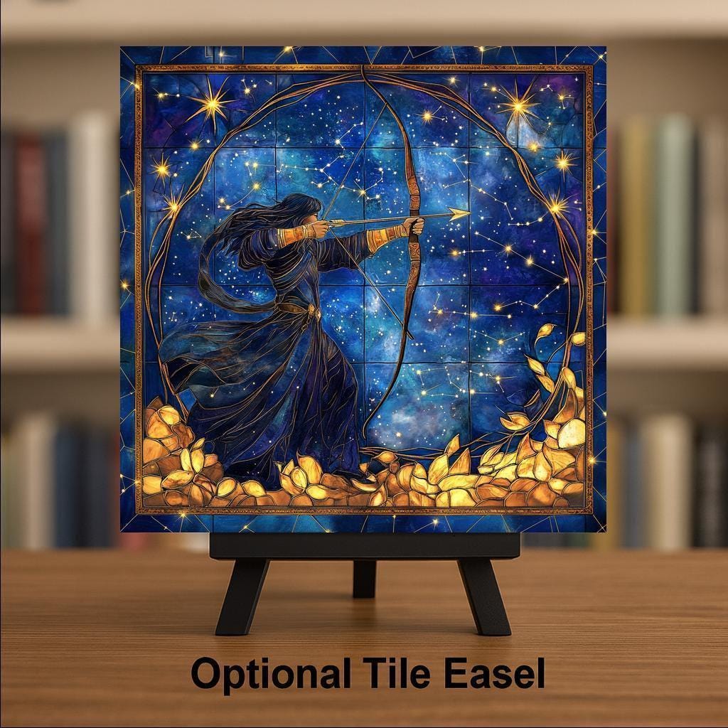 Sagittarius Zodiac Stained Glass Style Ceramic Art Tile: Night Sky Wall Decor Mystical Home Decor Celestial Wall Art Astrology Zodiac Archer