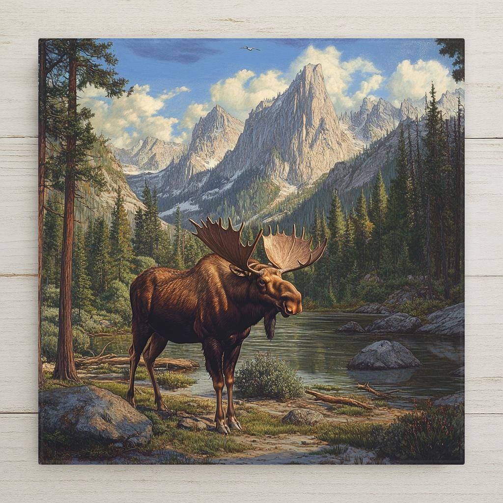 Audubon-style moose ceramic tile featuring a bull moose by an alpine lake. A majestic wildlife décor piece ideal for cabins, lodges, or rustic walls.