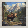 Audubon-style moose ceramic tile featuring a bull moose by an alpine lake. A majestic wildlife décor piece ideal for cabins, lodges, or rustic walls.