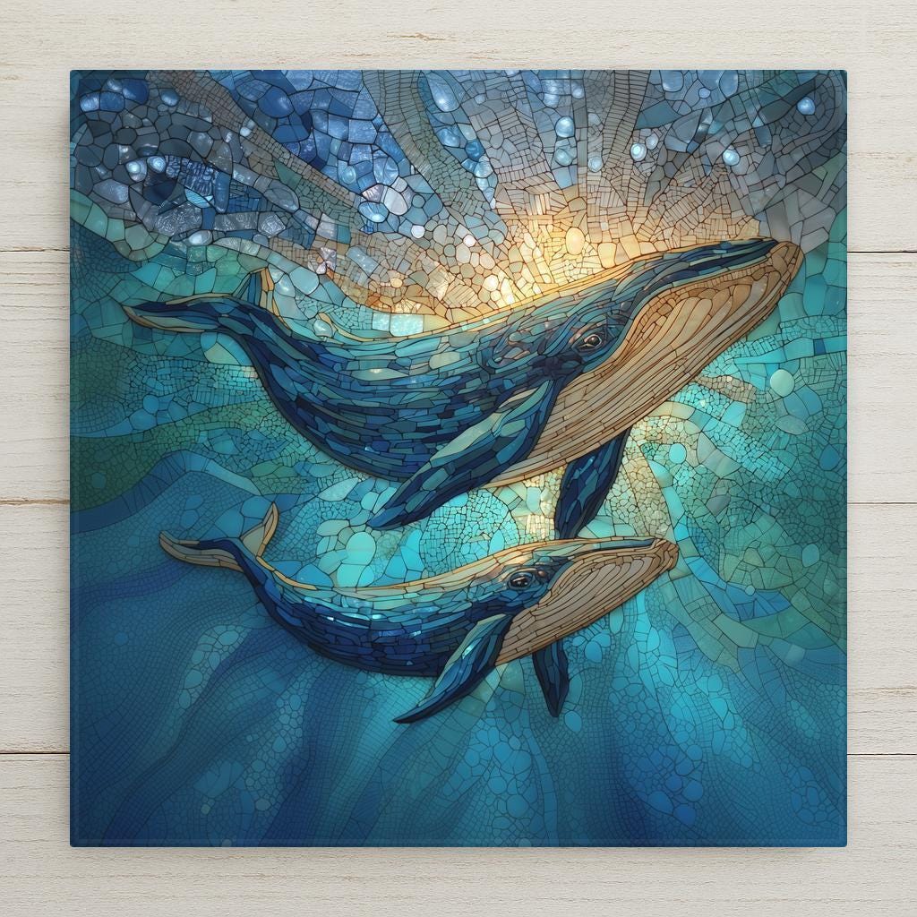 A mother whale and her calf swim together, symbolizing protection, nurturing, and deep emotional bonds. This stained glass–style ceramic tile wall art offers calm ocean imagery and meaningful symbolism, making it a thoughtful gift for families, new parents, or anyone drawn to connection-focused wall decor.