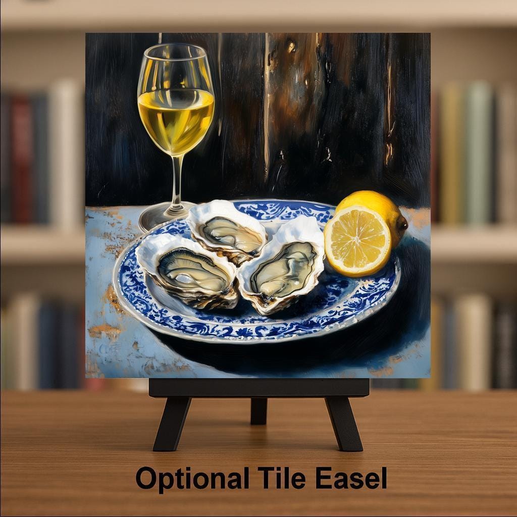 Oysters Wine Wall Art Ceramic Tile Kitchen Decor Gift Coastal Kitchen Art Foodie Gift Seafood Tile