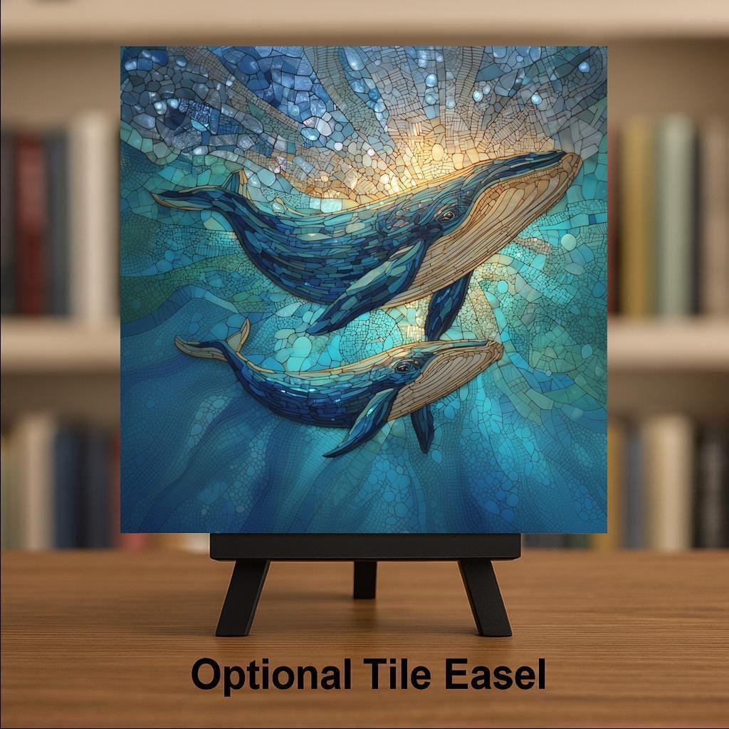 Mother Whale & Calf Ceramic Tile Wall Art – Symbolic Ocean Wall Decor, Bonding Family Art, Meaningful Home Decor Gift