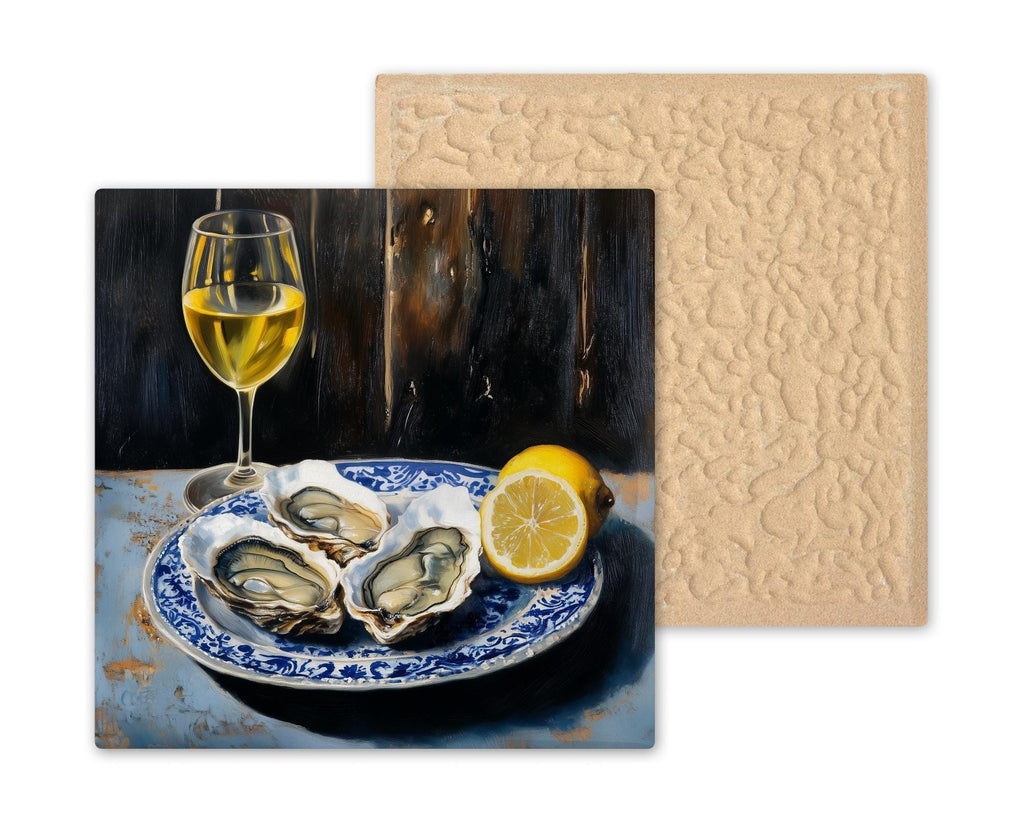 Oysters Wine Wall Art Ceramic Tile Kitchen Decor Gift Coastal Kitchen Art Foodie Gift Seafood Tile