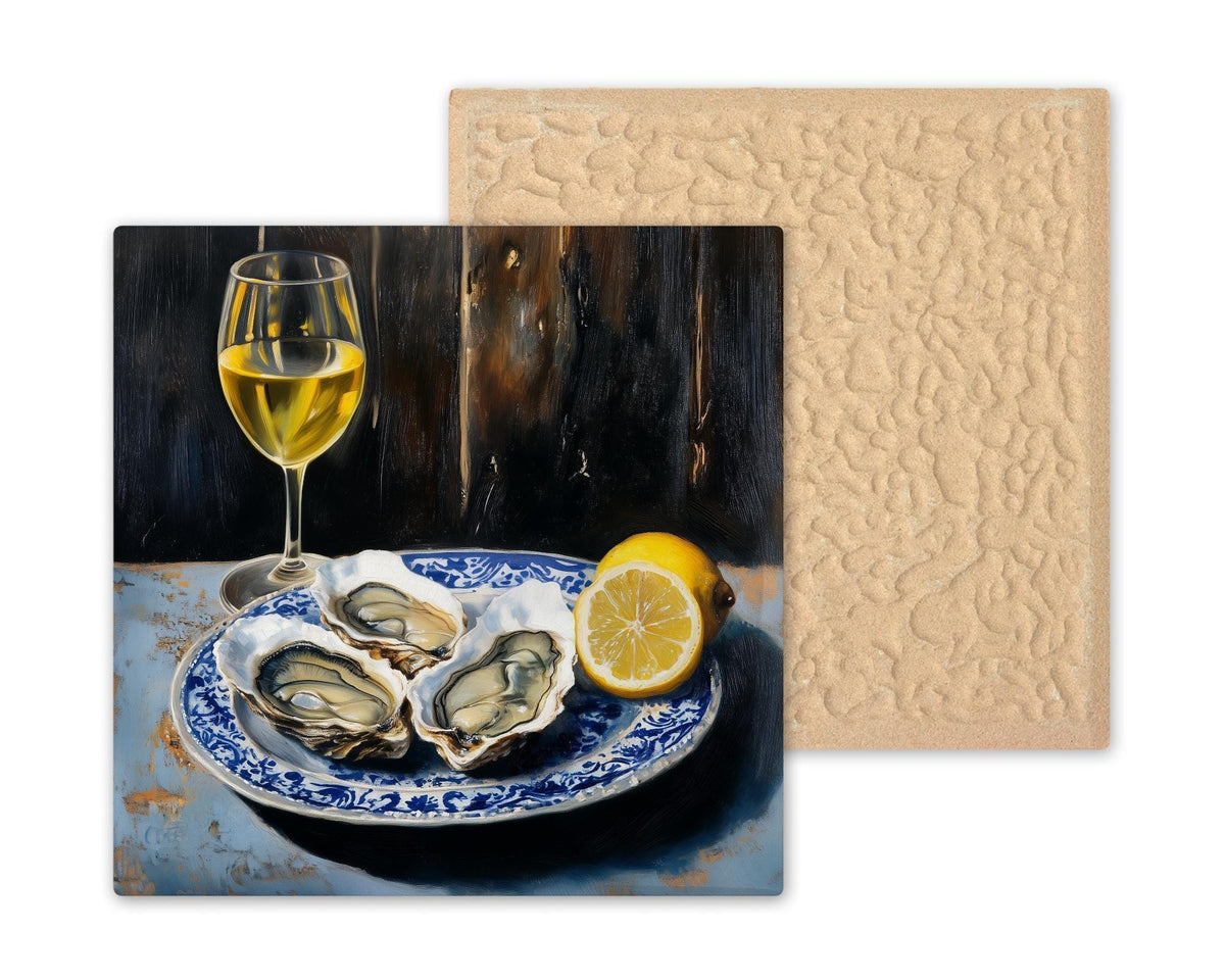 Oysters Wine Wall Art Ceramic Tile Kitchen Decor Gift Coastal Kitchen Art Foodie Gift Seafood Tile