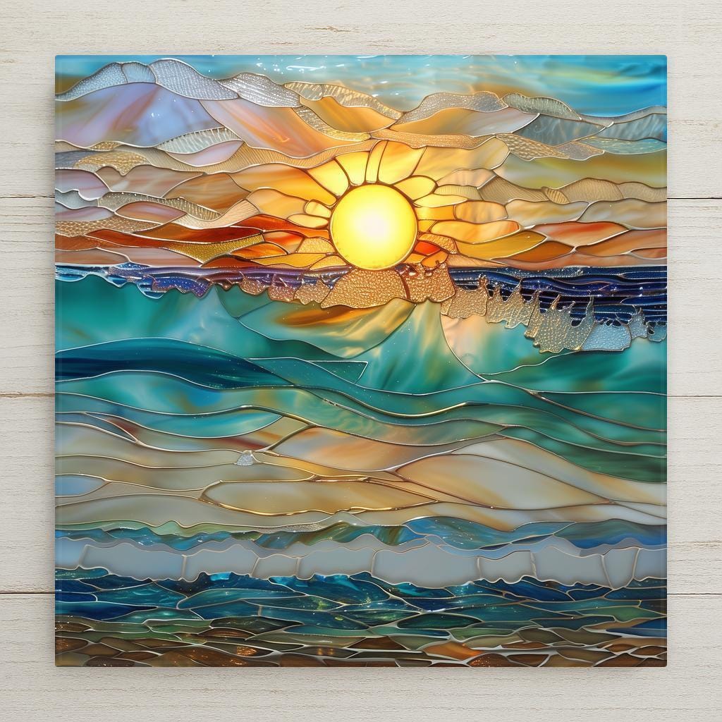 Amber and aqua ceramic tile art featuring sunset ocean waves in stained glass style. Permanent print. Optional hanger, stand, or cork backing.