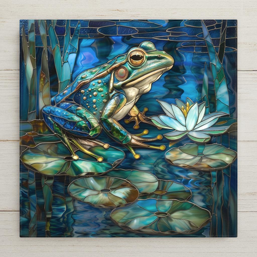 Vibrant blue-green frog tile art featuring a pond scene with lily pads and a lotus flower. Perfect for wall art, wall decor, or tabletop display. Permanent print on ceramic with lasting color. Optional tile wall hanger, easel stand, cork backing, and premium frame available.