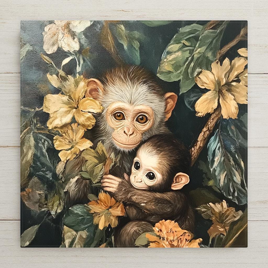Woodland monkey ceramic tile with lush botanical accents, inspired by William Morris. Whimsical animal decor for forest or cottagecore lovers.