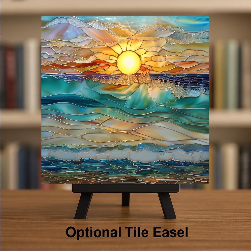 Coastal Sunset Waves Wall Art Ceramic Tile Stained Glass Style Beach House Gift Ocean Decor Place Identity Nature Art