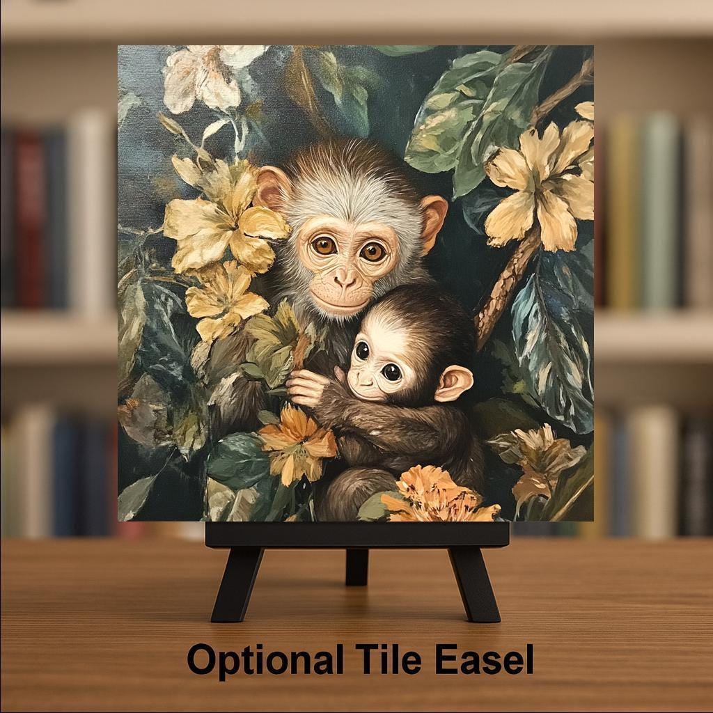 Monkey Wall Art Ceramic Tile Jungle Decor Gift Wildlife Lover Gift Botanical Art Cottagecore Nature Tile