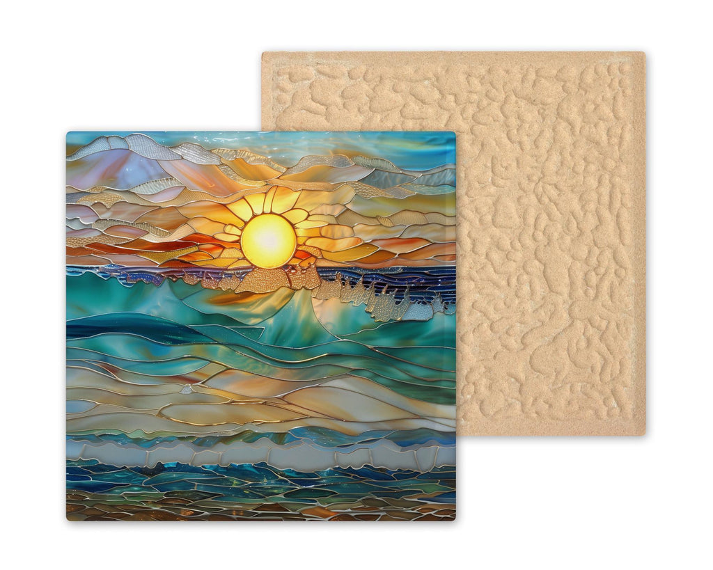 Coastal Sunset Waves Wall Art Ceramic Tile Stained Glass Style Beach House Gift Ocean Decor Place Identity Nature Art