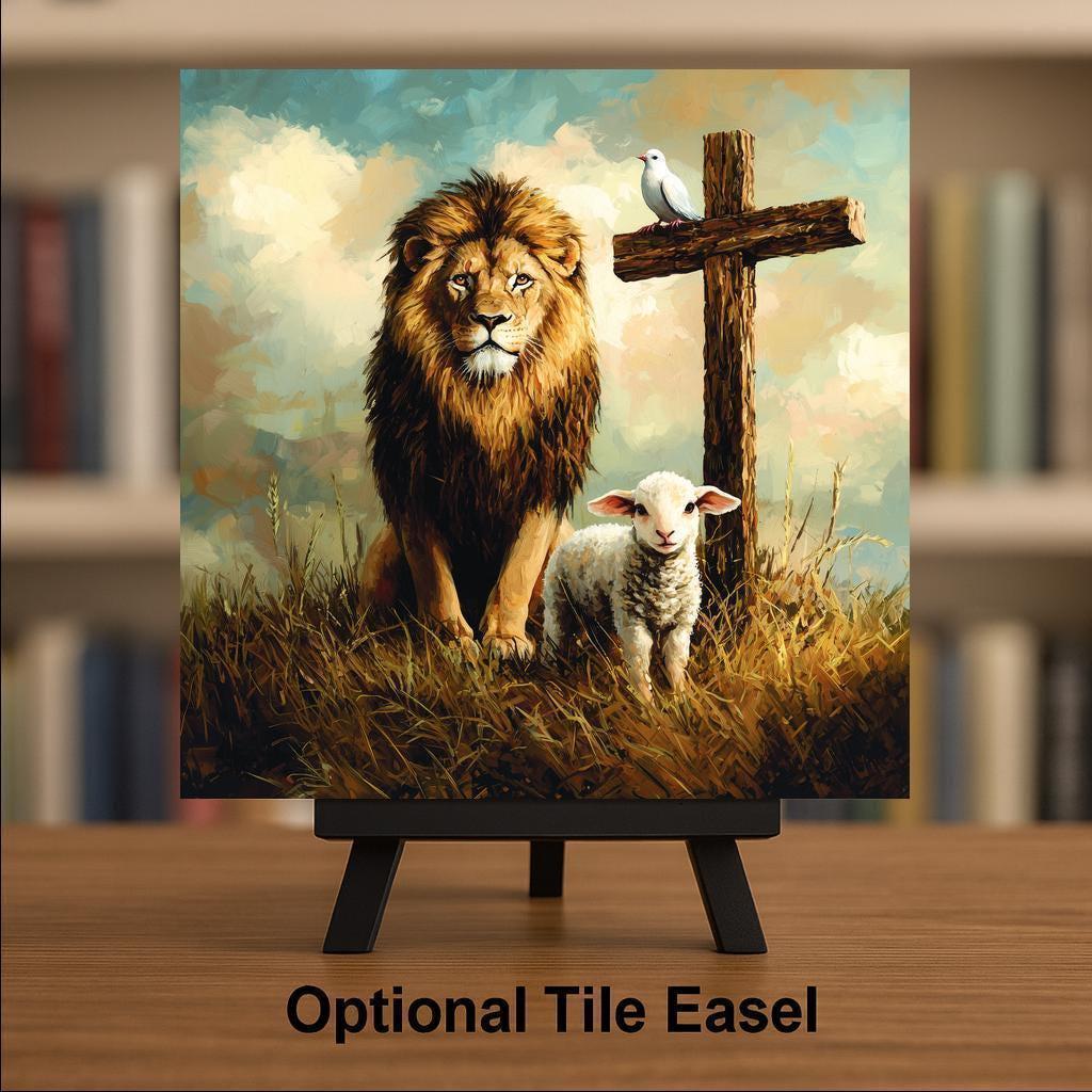 Lion and Lamb Ceramic Art Tile – Peaceable Kingdom Religious Wall Art, Christian Faith Gift
