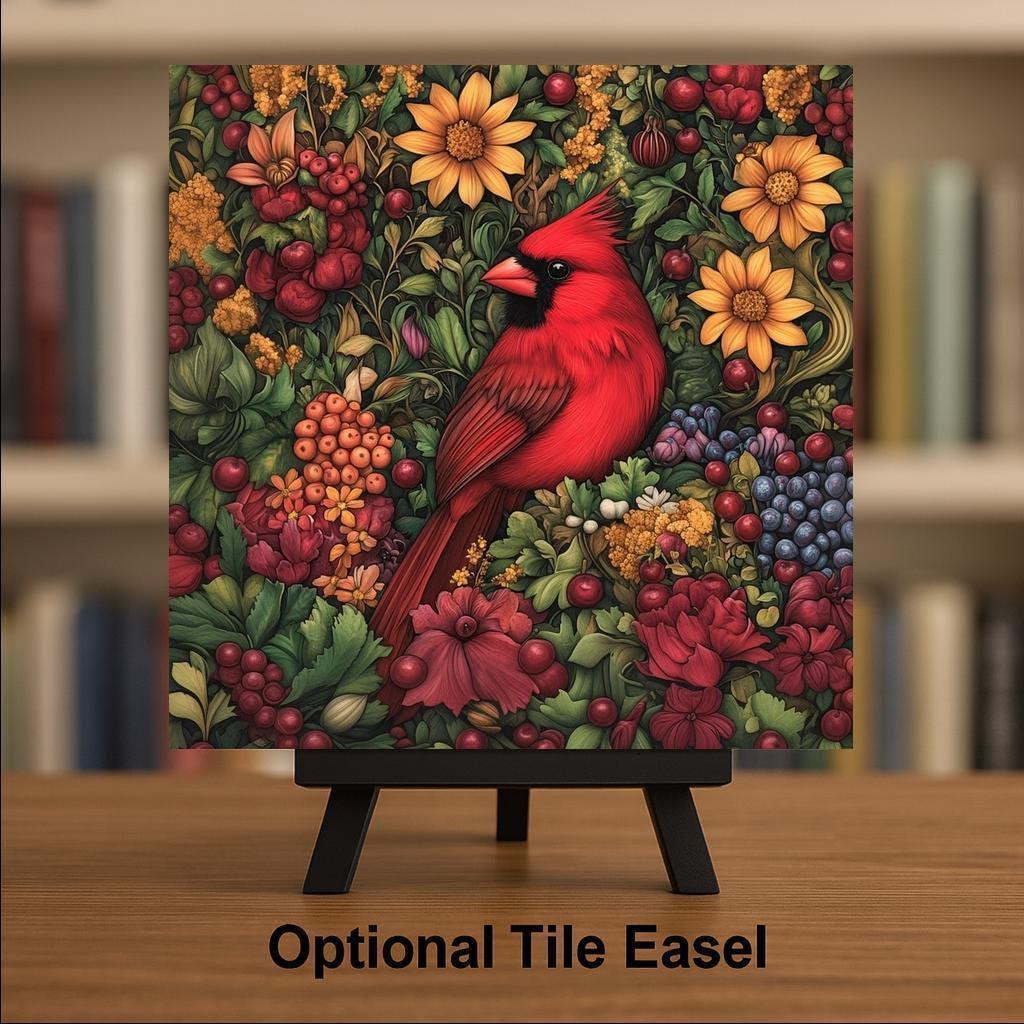 Cardinal Wall Art Ceramic Tile Art Nouveau Gift William Morris Red Cardinal Decor Memorial Bird Sympathy Nature