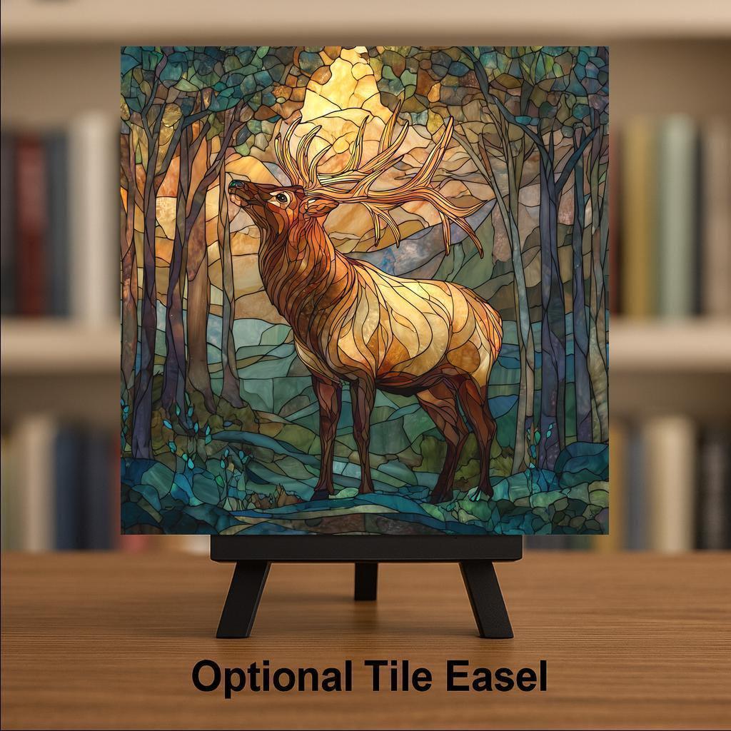 Elk Wall Art Ceramic Tile Wildlife Gift Rustic Cabin Decor Stained Glass Style Nature Art Elk Lover Gift Art Tile