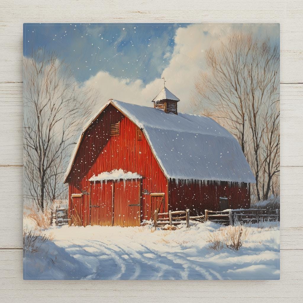 Winter barn wall art for home decor and wall decor.