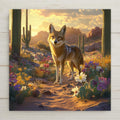 This desert coyote ceramic tile art features a vivid southwest landscape filled with wildflowers, cactus, and golden sunset light. Perfect for rustic kitchens, western bathrooms, or as wall décor in any nature-inspired space.