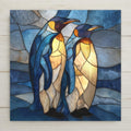Penguin ceramic tile wall art featuring a stained glass–style design of two penguins in cool blue tones. This is a permanent printed ceramic tile, not real stained glass or mosaic. Ideal for symbolic wall decor and meaningful home decor. Optional tile wall hanger, easel tile stand, cork backing, and premium frame available.