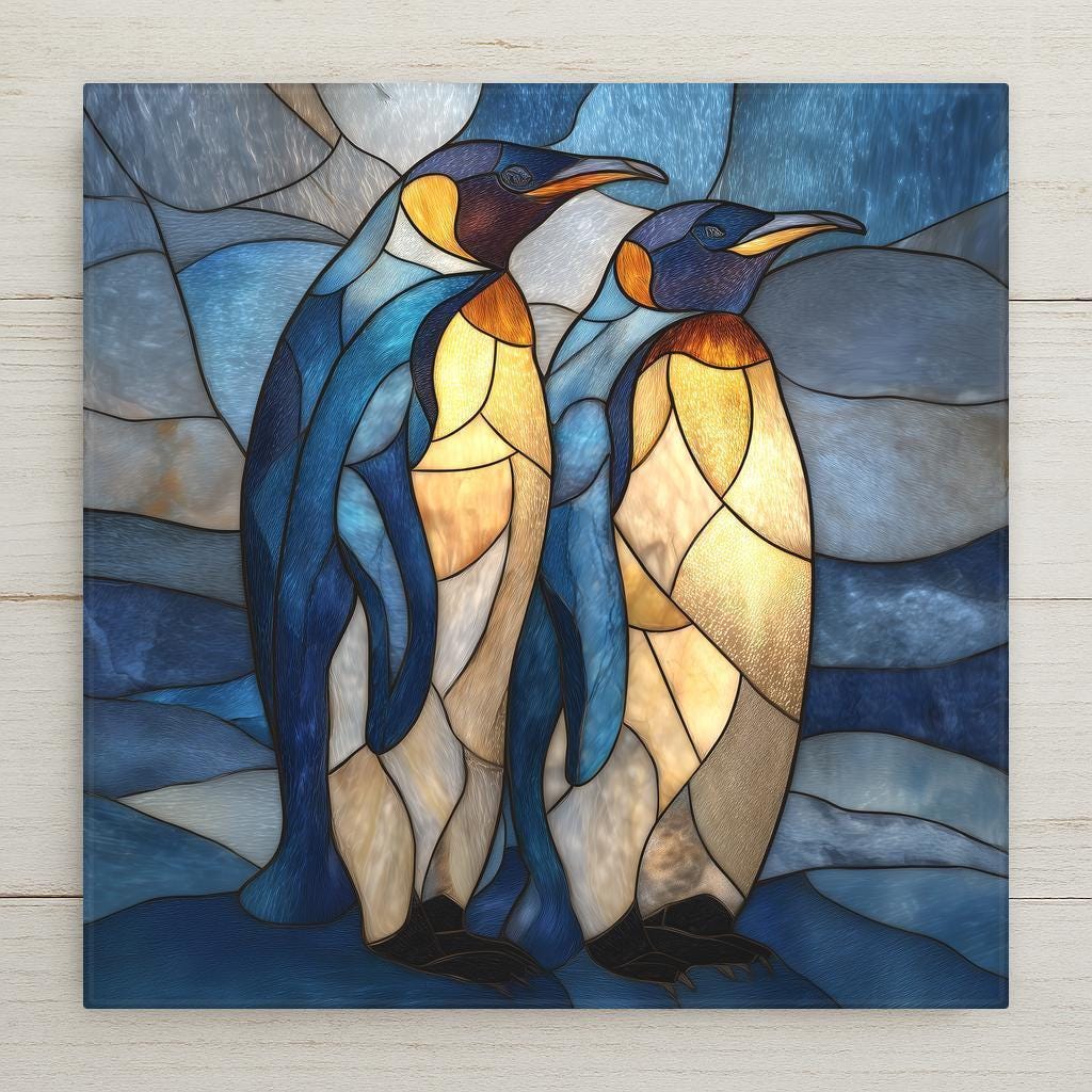Penguin ceramic tile wall art featuring a stained glass–style design of two penguins in cool blue tones. This is a permanent printed ceramic tile, not real stained glass or mosaic. Ideal for symbolic wall decor and meaningful home decor. Optional tile wall hanger, easel tile stand, cork backing, and premium frame available.