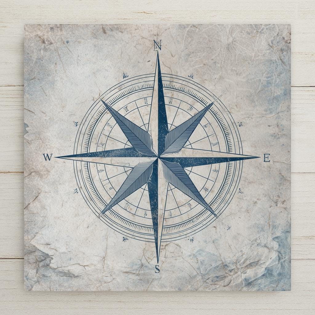 A nautical compass rose ceramic tile featuring a vintage-style blue compass design on a weathered parchment background. The flat printed artwork mimics antique maritime charts and adds classic coastal wall decor appeal. Ideal for beach house home decor or nautical-themed spaces.