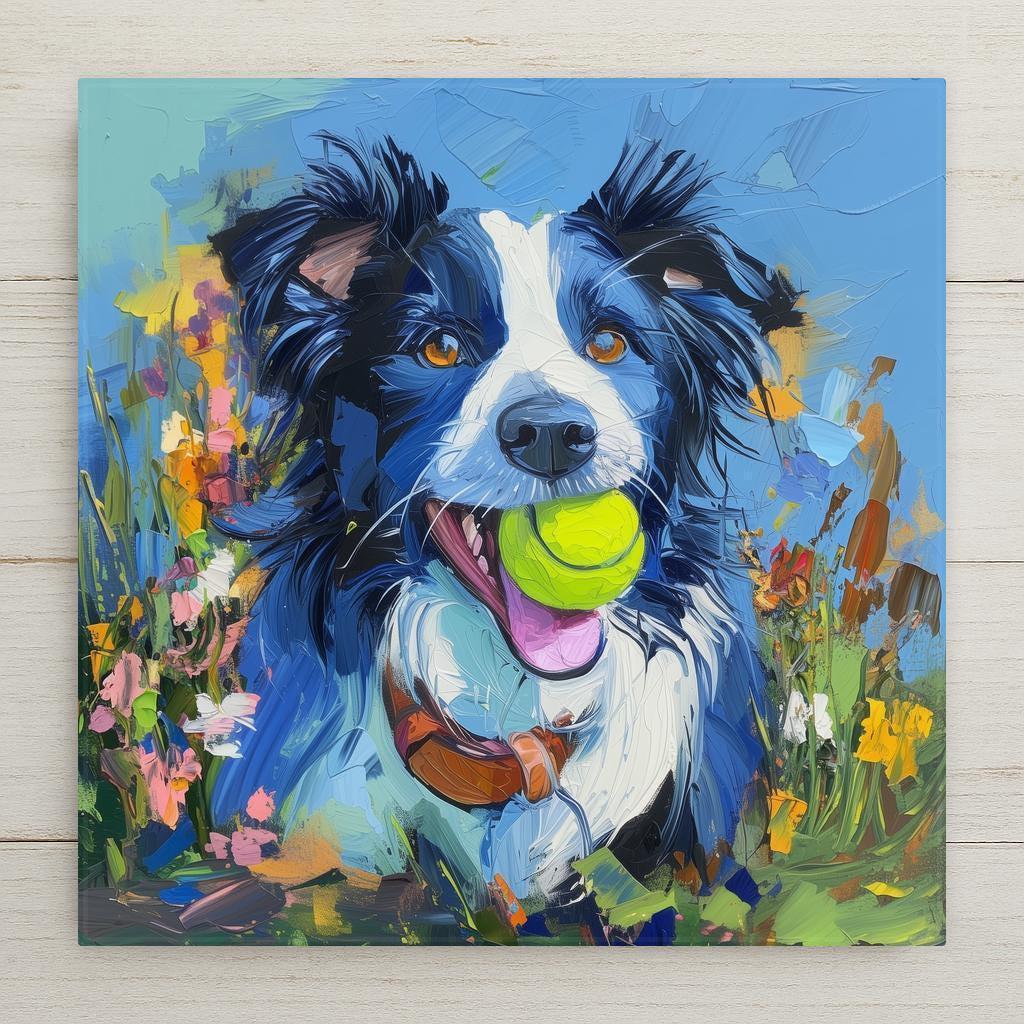 Home decor Energetic Border Collie ceramic tile art featuring a playful dog with a tennis ball in a vibrant flower meadow. Bold, colorful wall art for dog lovers. Makes a heartfelt handmade gift or decor piece for Border Collie fans and pet parents.