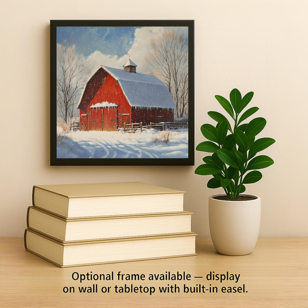 Red Barn Winter Ceramic Tile Wall Art – Stained Glass Style Farmhouse Christmas Decor, Country Holiday Gift, Snowy Landscape Home Accent