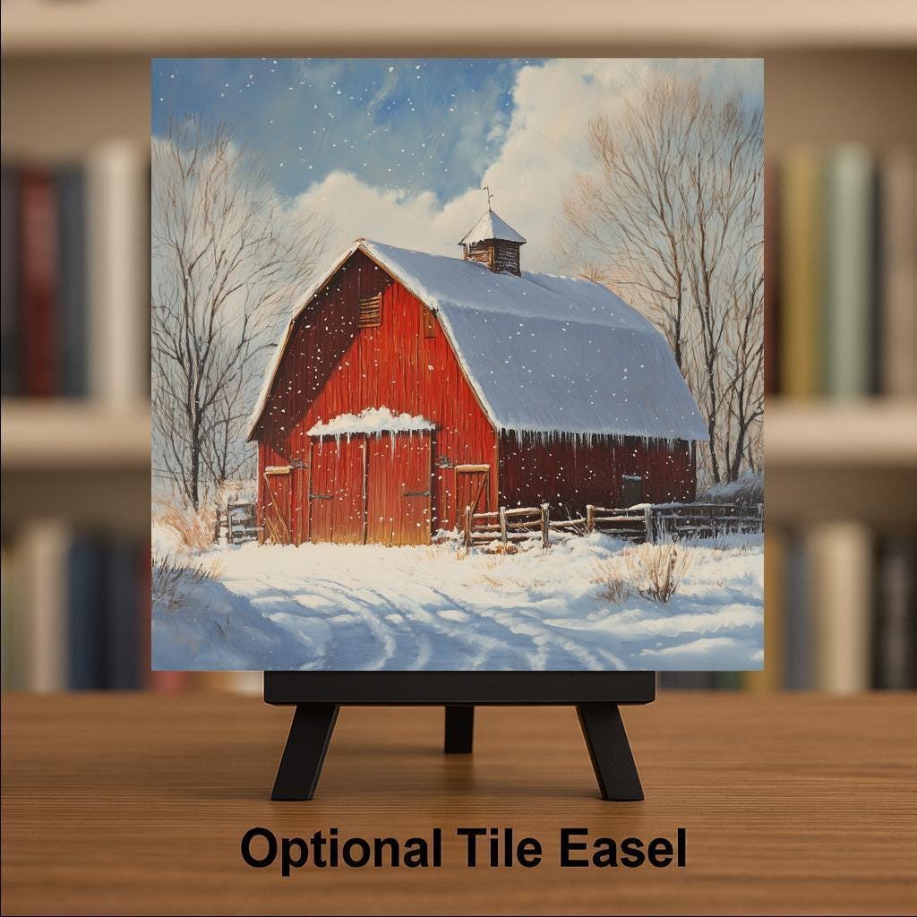 Red Barn Winter Ceramic Tile Wall Art – Stained Glass Style Farmhouse Christmas Decor, Country Holiday Gift, Snowy Landscape Home Accent