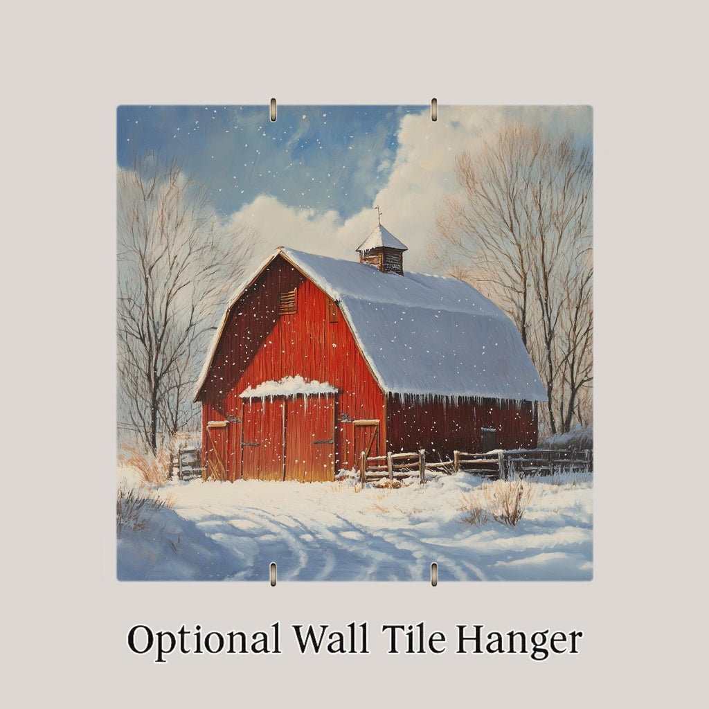 Red Barn Winter Ceramic Tile Wall Art – Stained Glass Style Farmhouse Christmas Decor, Country Holiday Gift, Snowy Landscape Home Accent