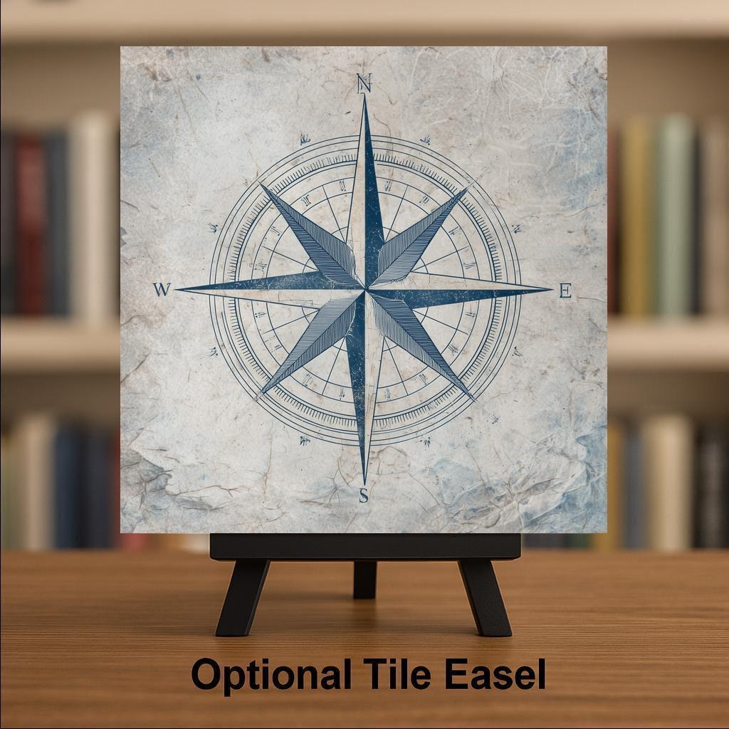 Compass Rose Ceramic Art Tile – Stained Glass Style Nautical Coastal Wall Decor, Sailor Beach House Gift