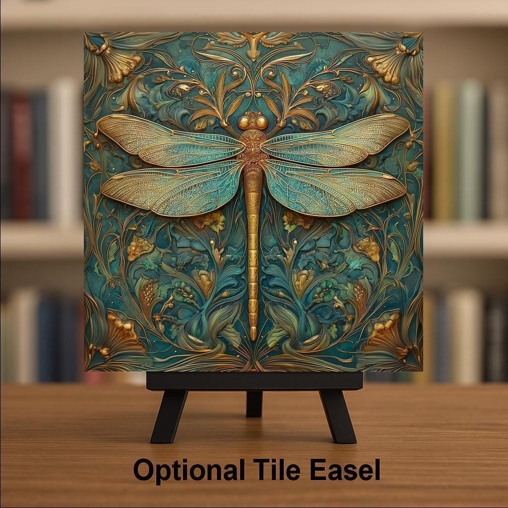 Dragonfly Wall Art Ceramic Tile Art Nouveau Gift William Morris Gold Teal Decor Stained Glass Memorial Nature Art