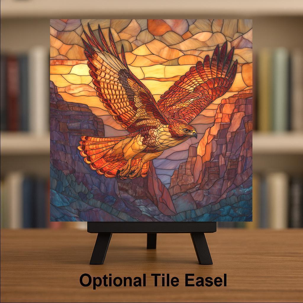 Golden Canyon Hawk Wall Art Ceramic Tile Stained Glass Style Sunset Wildlife Decor Rustic Nature Home Gift Tile
