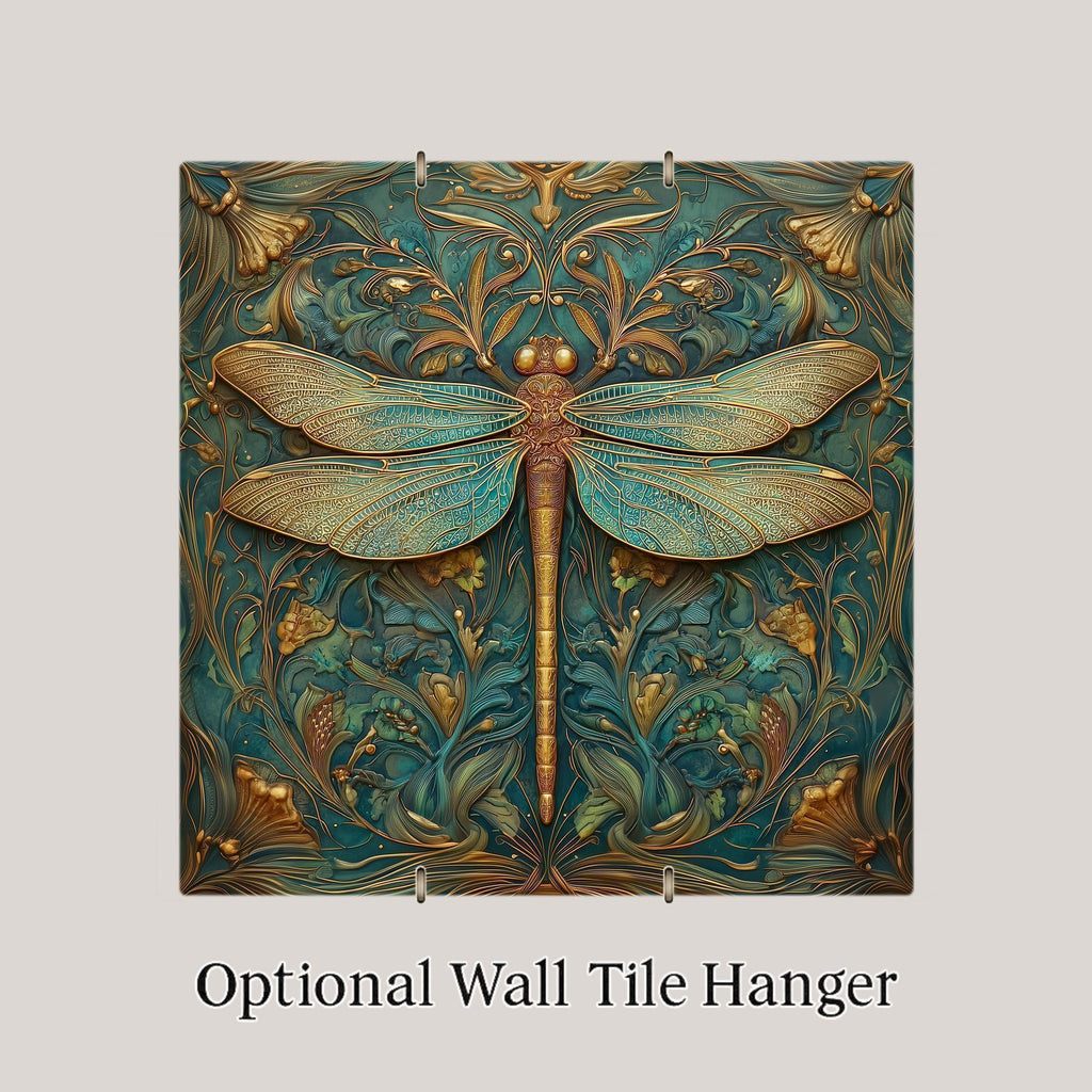 Dragonfly Wall Art Ceramic Tile Art Nouveau Gift William Morris Gold Teal Decor Stained Glass Memorial Nature Art