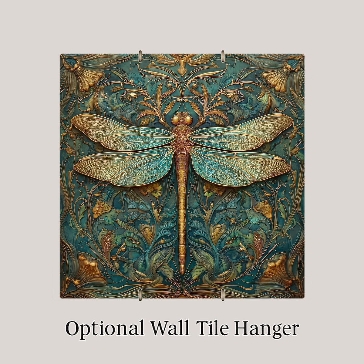 Dragonfly Wall Art Ceramic Tile Art Nouveau Gift William Morris Gold Teal Decor Stained Glass Memorial Nature Art