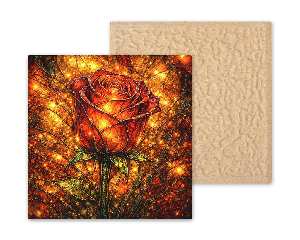 Rose Stained Glass Style Ceramic Art Tile – Gothic Dark Academia Wall Decor, Luminous Copper Romantic Accent