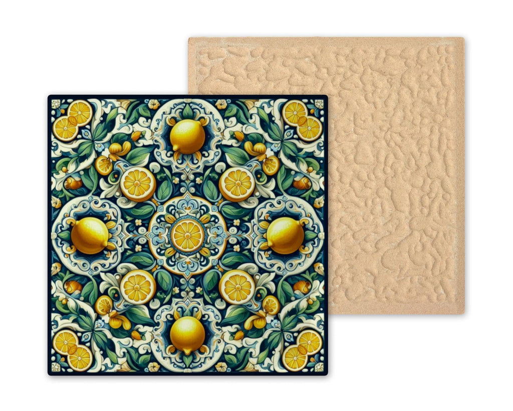 Lemon Majolica Ceramic Tile | Mediterranean Kitchen Backsplash | Talavera Style Patterned Wall Art | Cobalt Blue Italian Decor