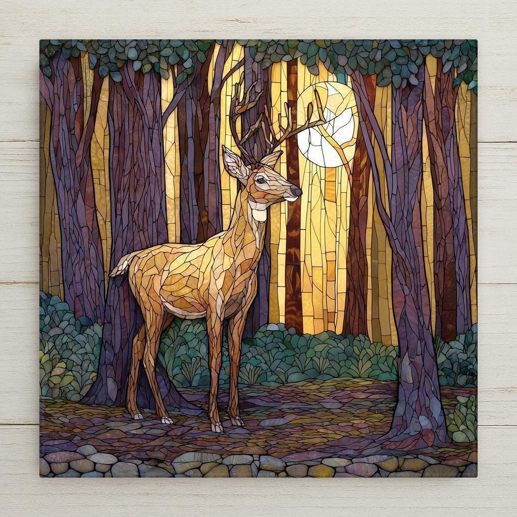 Stained glass style woodland deer ceramic tile with an elegant deer standing in a misty autumn forest, deep cobalt and teal shadows and warm amber gold light through the trees, a vivid wildlife and nature lover cabin wall art gift.