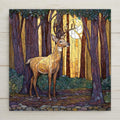 Stained glass style woodland deer ceramic tile with an elegant deer standing in a misty autumn forest, deep cobalt and teal shadows and warm amber gold light through the trees, a vivid wildlife and nature lover cabin wall art gift.