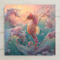Seahorse stained glass style wall art ceramic tile with pastel waves and glowing bubbles. A radiant coastal accent for nautical homes, beach cottages, or ocean lovers. Makes a thoughtful marine life gift. Optional tile wall hanger, easel tile stand, or cork backing available.