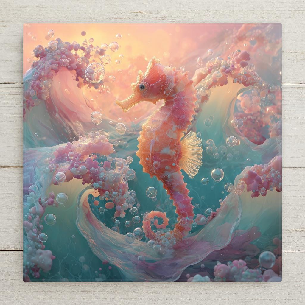 Seahorse stained glass style wall art ceramic tile with pastel waves and glowing bubbles. A radiant coastal accent for nautical homes, beach cottages, or ocean lovers. Makes a thoughtful marine life gift. Optional tile wall hanger, easel tile stand, or cork backing available.