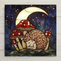 Sleeping hedgehog ceramic tile wall art in stained glass style. Cottagecore ceramic tile, woodland wall decor, fantasy nature gift, animal wall tile with moon.