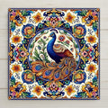 Hand-painted Talavera style ceramic art tile of a colorful peacock in a central medallion surrounded by dense Mexican folk art florals in cobalt blue, gold, red, and green on cream.