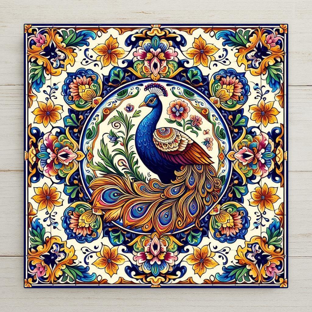 Hand-painted Talavera style ceramic art tile of a colorful peacock in a central medallion surrounded by dense Mexican folk art florals in cobalt blue, gold, red, and green on cream.
