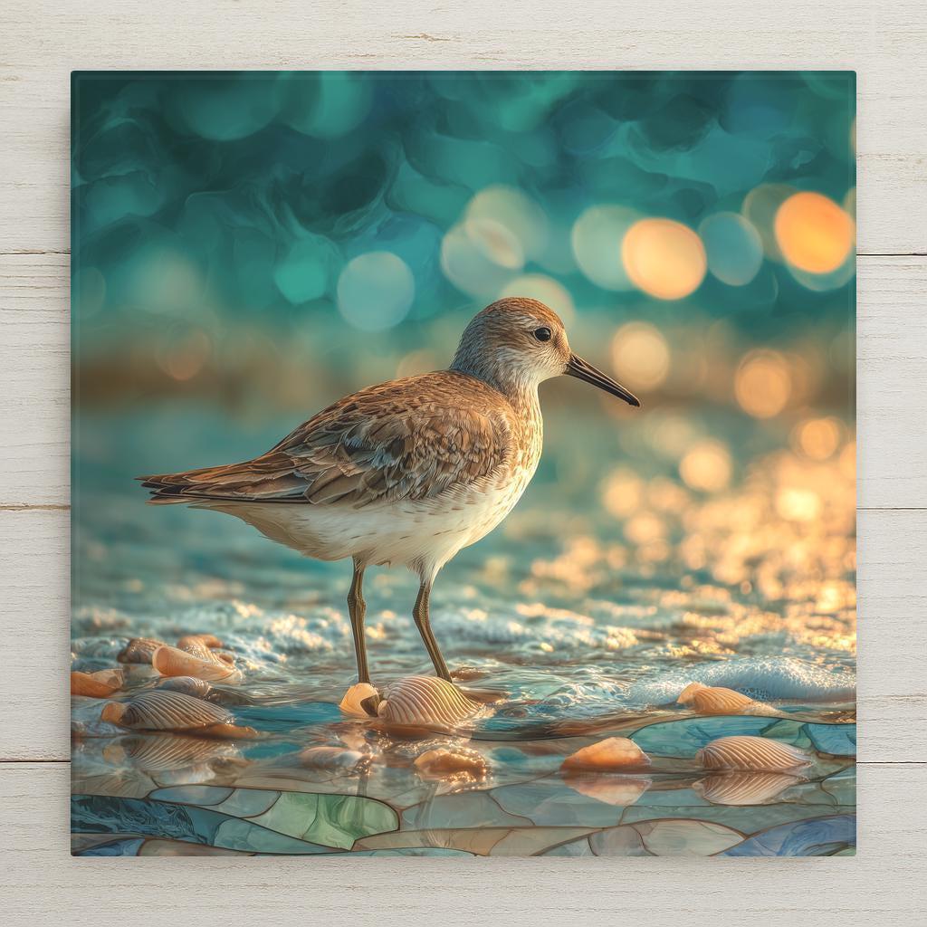 A peaceful sandpiper ceramic tile printed in a glowing stained glass style. Bright coastal colors make it a perfect accent for beach decor or nautical home decor. Optional tile wall hanger, easel tile stand, cork backing, and premium frame available. This is a printed tile, not real stained glass or mosaic.