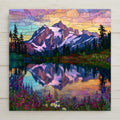 Mt. Shuksan wall art ceramic tile in stained glass style, featuring Picture Lake with wildflowers. Jewel-tone colors and glossy finish create a radiant look. Optional satin frame, cork backing, or easel available for versatile display. Perfect Pacific Northwest décor or mountain lover’s gift.