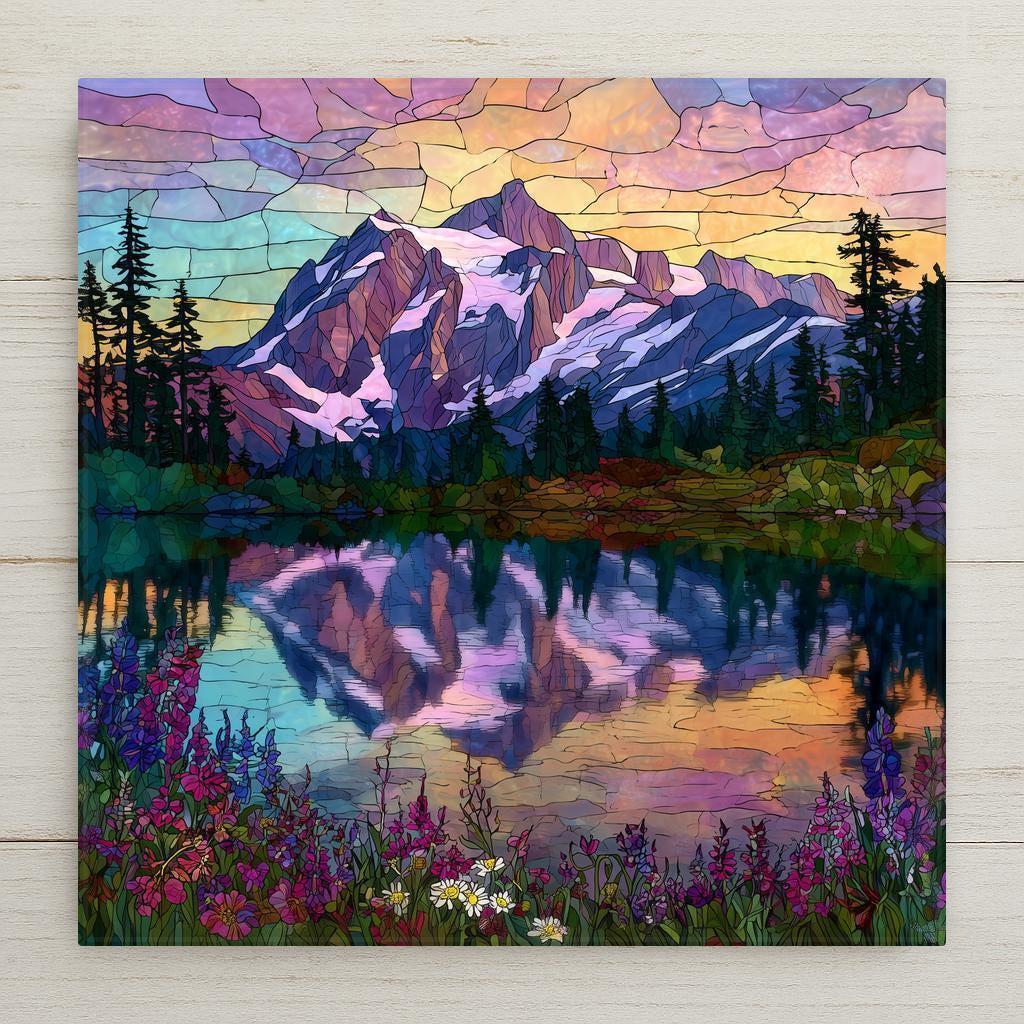 Mt. Shuksan wall art ceramic tile in stained glass style, featuring Picture Lake with wildflowers. Jewel-tone colors and glossy finish create a radiant look. Optional satin frame, cork backing, or easel available for versatile display. Perfect Pacific Northwest décor or mountain lover’s gift.