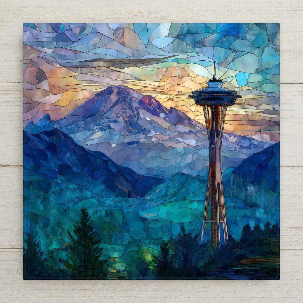 Ceramic tile wall art featuring the Seattle Space Needle and Mt. Rainier in a stunning stained glass style. Vibrant skyline décor with multiple display options, including cork backing, wall hanger, easel stand, or a premium frame. A distinctive Washington gift or a perfect home accent.