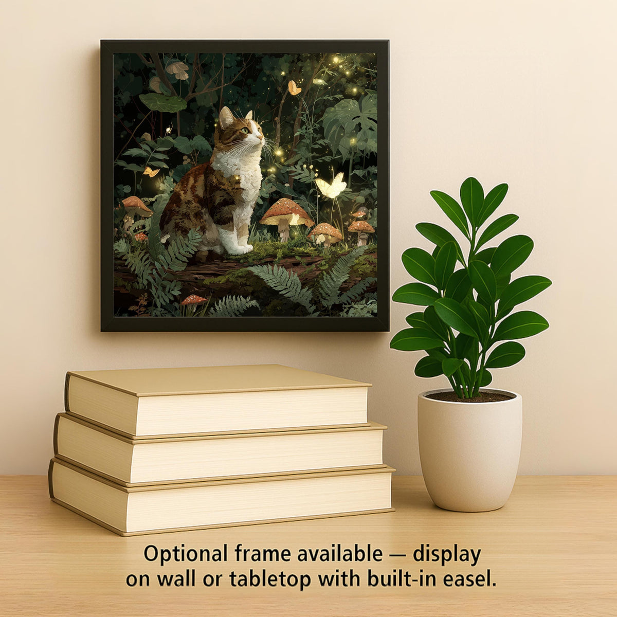 Enchanted Forest Cat Wall Art Ceramic Tile Fantasy Gift Glowing Firefly Decor Woodland Cat Art Magic Gift Tile